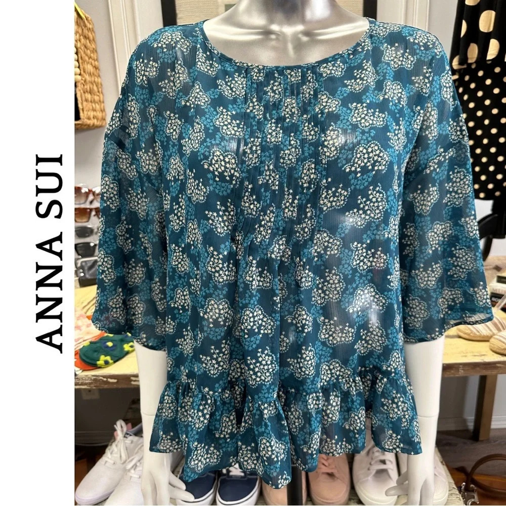 Anna Sui Sheer Flowy Bohemian Boho Blouse Gatherer Hem Oversize Small
